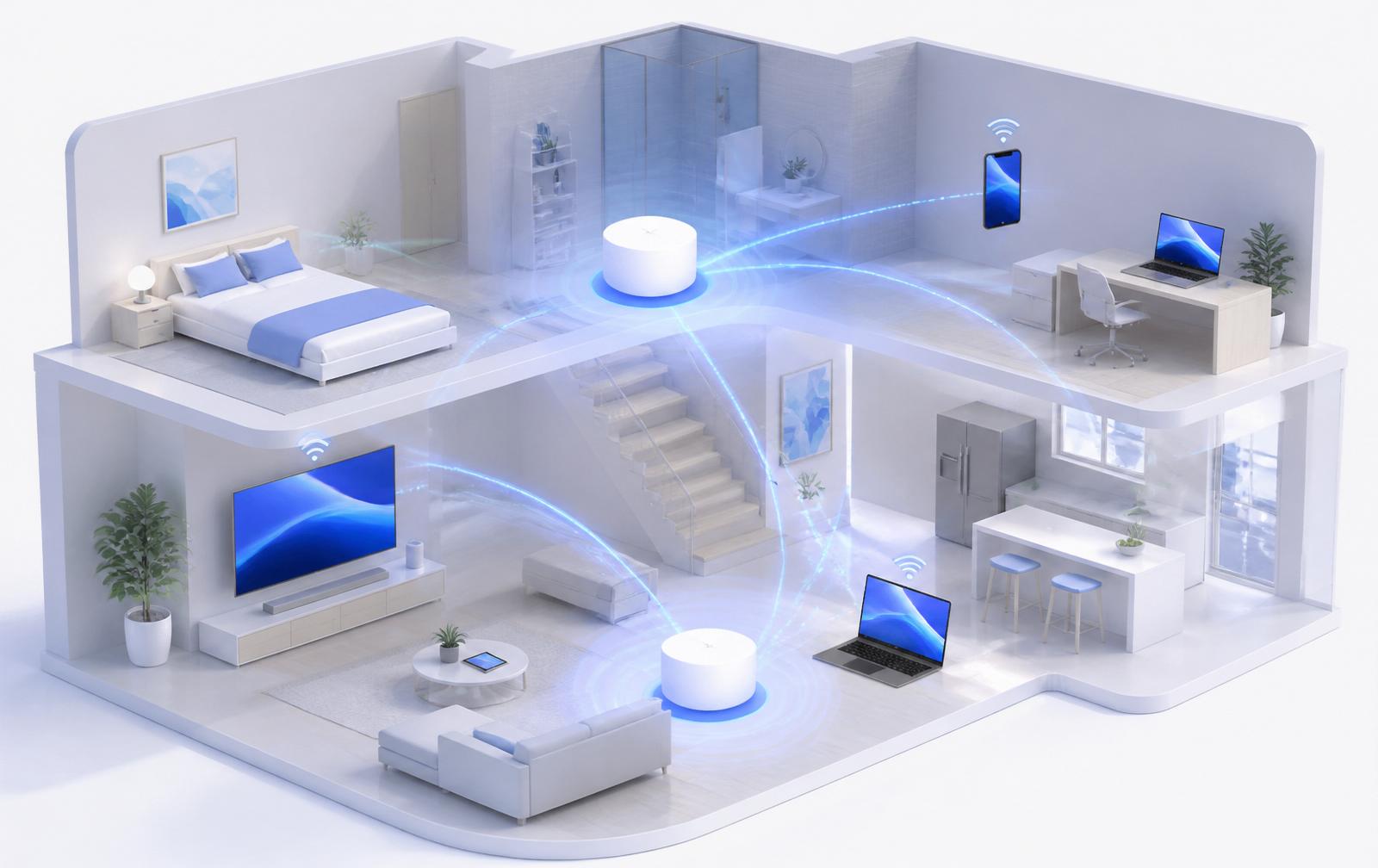 现代住宅内的 Mesh Wi-Fi 网络与多设备连接示意